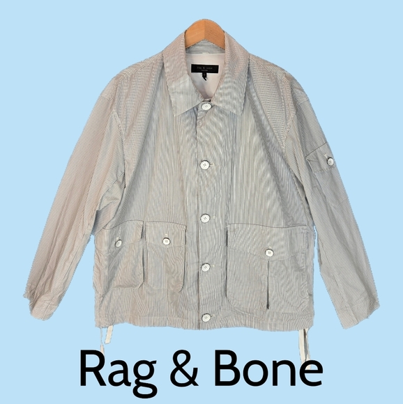 Rage & Bone Cade Mens Poplin Lightweight Jacket Sz L Light Blue & White Stripes - Picture 1 of 15